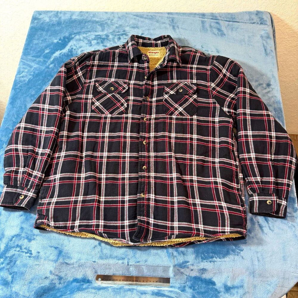 Wrangler Authentics Mens XL Sherpa Lined Flannel Shirt Jacket Plaid Black Red